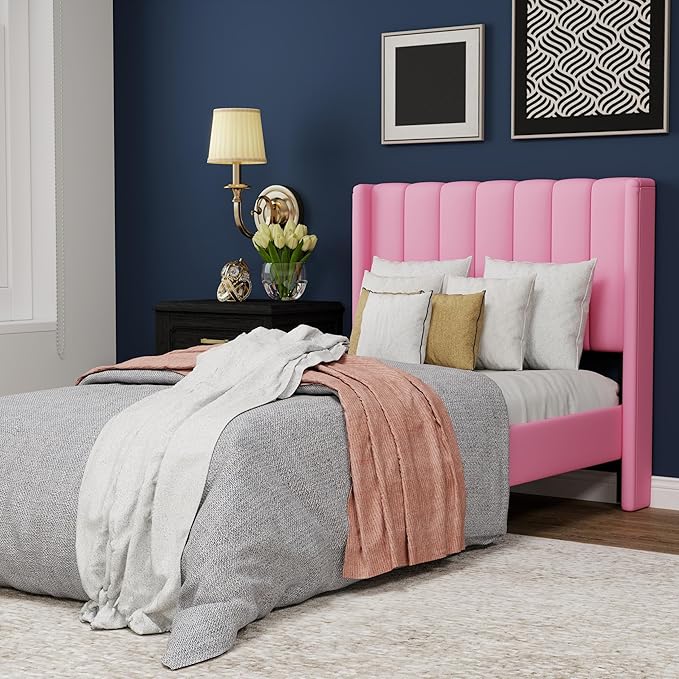 Upholstered Platform Twin Size Bed Frame with Headboard Wooden Slats Support No Noise Easy Assembly Pink Velvet