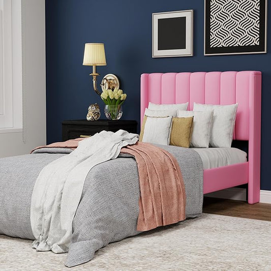 Upholstered Platform Twin Size Bed Frame with Headboard Wooden Slats Support No Noise Easy Assembly Pink Velvet