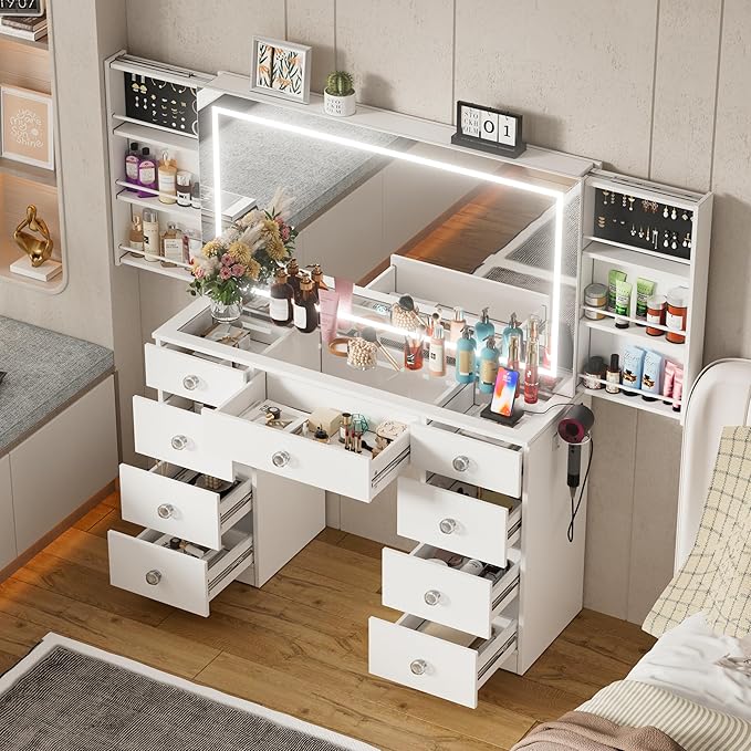 Makeup Vanity Desk with Large Mirror and Lights,White Vanity Table with Glass Top,9 Drawers,3 Color Modes,Sliding 2 Wall Mounted Jewelry Storage Racks,Suitable for Bedroom Ladies and Girls