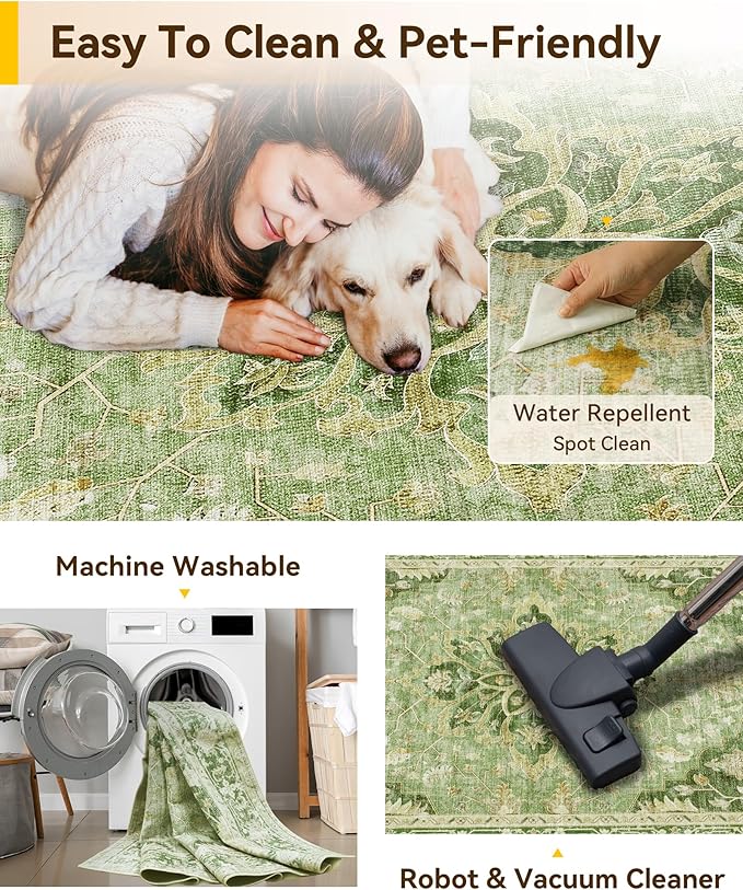 Area Rugs 8ft Washable Non-Slip, Floral Vintage Distress Print Pattern Medallion Carpet for Living Room Bedroom Dining Room, Sage Green Yellow