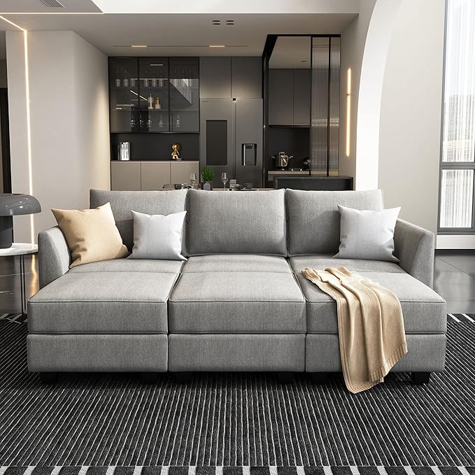 HONBAY Modular Sectional Sleeper Sofa with Storage 6 Piece Modular Sleeper Couch Reversible Sleeper Sectional Couch for Living Room, Grey