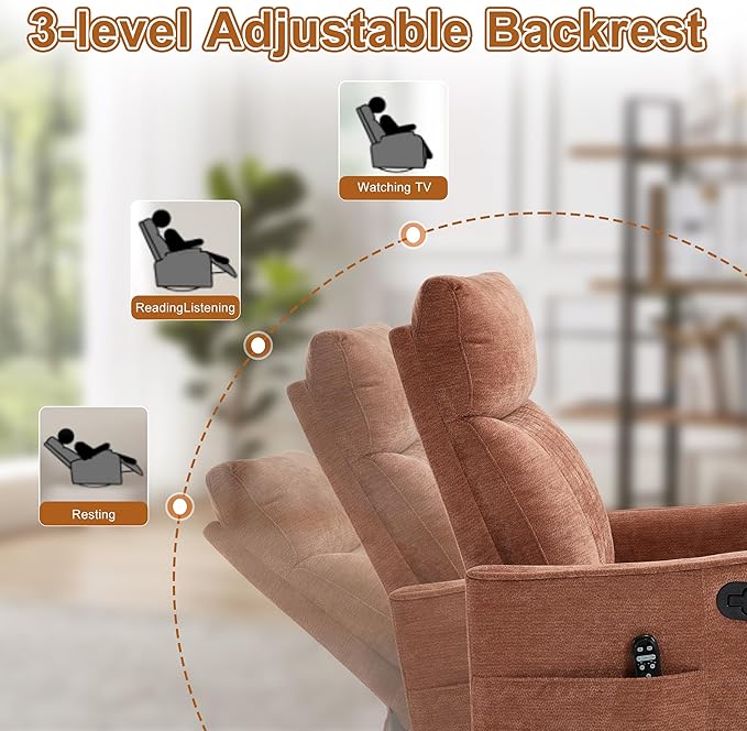 Manual Swivel Rocker Recliner Chair for Adults, Overstuffed Recliner Glider with Massage and Heat, Living Room Reclining Chair, Fabric Orange