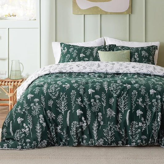 Bedsure Full Comforter Set - Emerald Bed Set, 3 Pieces Cute Floral Bedding, 1 Soft Reversible Botanical Flowers Comforter and 2 Pillow Shams
