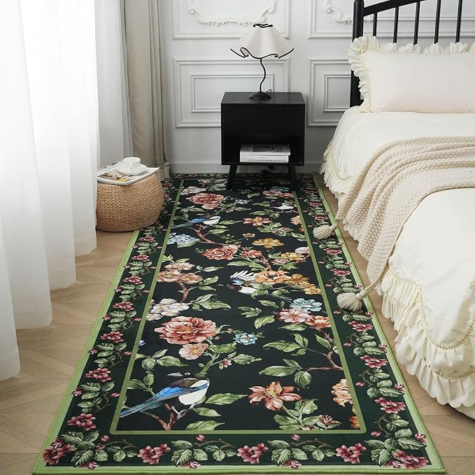 Runner Rug for Kitchen 2'6"x8' Washable Rugs with Rubber Backing Soft Floral Bird Magpies Floral Animal Carpet Runner for Kitchen, Laundry, Bedroom, Bathroom (Green)