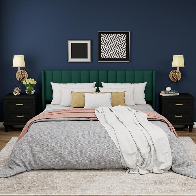 Upholstered Platform King Size Bed Frame with Headboard Wooden Slats Support No Noise Easy Assembly Green Velvet