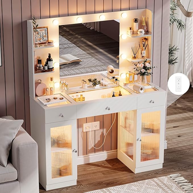 Makeup Vanity with Glass Top, White Vanity Desk with Mirror and Lights, Big Vanity with Drawers & Cabinets for Bedroom, Cute Vanity with Crystal Knobs & Power Outlet for Women, Girls