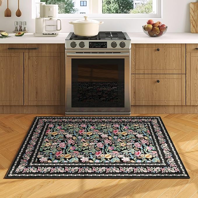 Door Mat Indoor Entrance 2x3 Rug Machine Washable Vintage Floral Small Area Rug Non-Slip Low Pile Throw Rugs for Entryway, Kitchen, Front Door Indoor Entrance, Entry, Kids Room, Black
