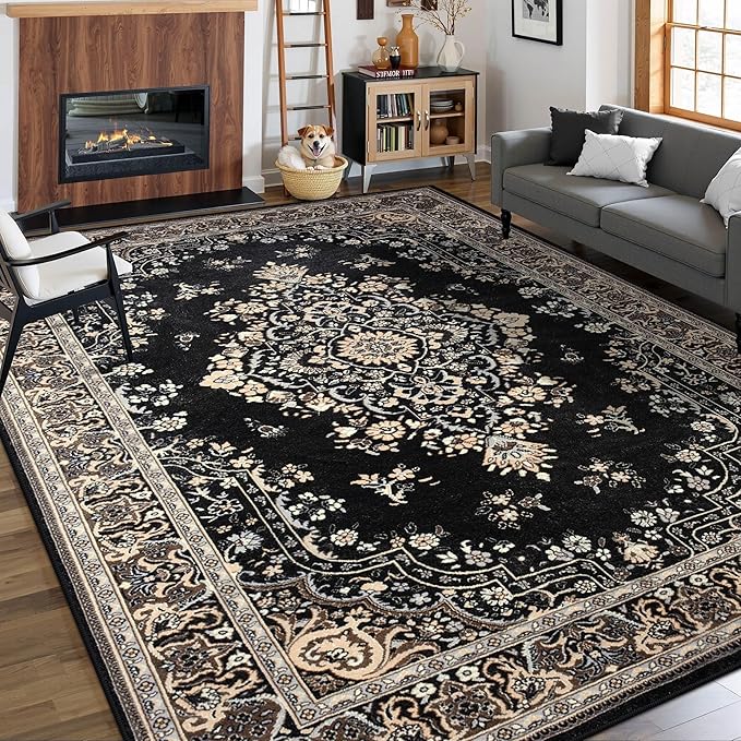 8x10 Area Rug for Living Room, Modern Washable Rug Non Slip Low Pile Large Area Rugs for Living Room, Bedroom, Farmhouse, Dining Room,Black