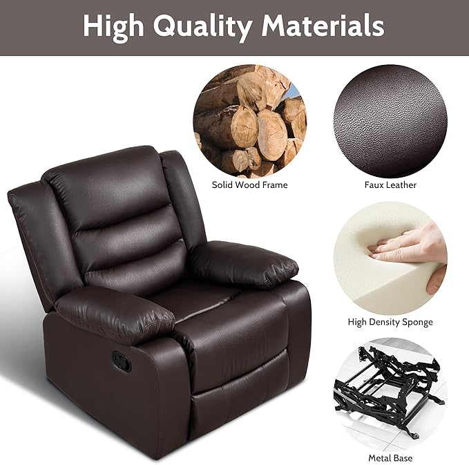 PrimeZone Oversized Rocker Recliner Chair - Comfy Wide Lazy Boy Recliner Chair with Overstuffed Armrest, Faux Leather Manual Reclining Chairs for Living Room, Bedroom, Home Theater, Brown Set of 2