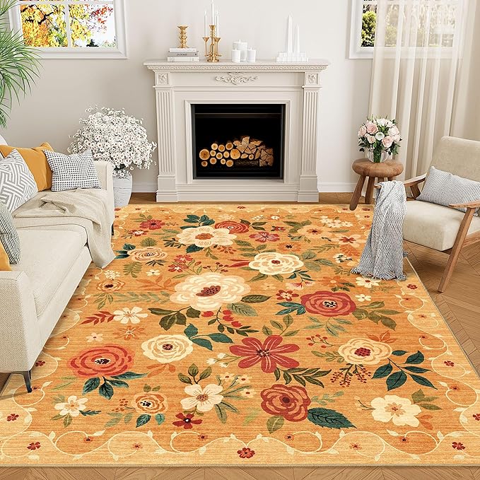 DUKINO 5x7 Area Rug, Floral Rugs for Living Room, Lightweight Non Slip Washable Rug, Indoor Low Pile & Non-Shedding Boho Design Rugs for Bedroom, Living Room, Dining Room, Orange