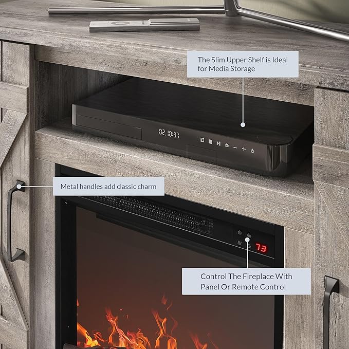 BELLEZE 47" TV Stand with 18" Electric Fireplace Heater & Media Entertainment Center Console Table for TV up to 50" with Open Storage Shelves & Cabinets - Veropeso (Grey Wash)