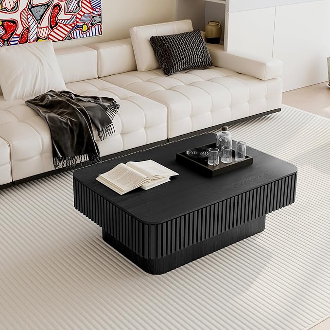 Lift Top Coffee Table with Storage, Solid Wood Coffee Table with Adjustable Height, Fluted Center Table Accent Tea Table for Living Room, Apartment, Office (38.6" Black)