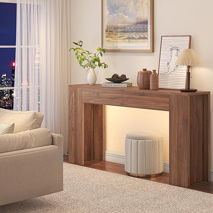 63-Inch Long Console Table with LED Light, Farmhouse Sofa Table Behind Couch, Wooden Console Table for Entryway, Hallway, Entrance, Living Room