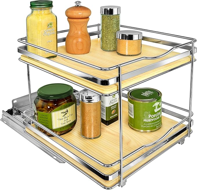 LYNK PROFESSIONAL® Élite™ Pull Out Spice Rack Organizer for Inside Kitchen Cabinets - 10-1/4 inch Wide - Slide Out Drawer – Wood/Chrome Sliding Spice Cabinet Organization Shelf Racks - 2 Tier
