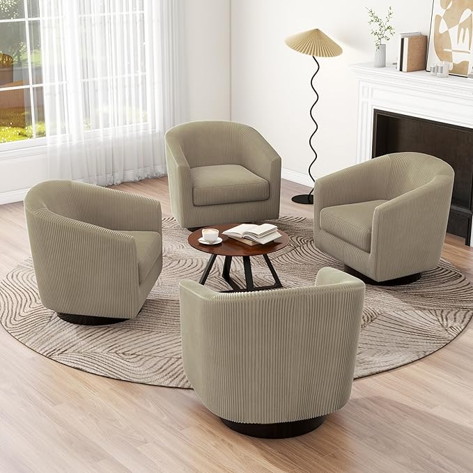 UIXE Swivel Accent Chair, Upholstered Corduroy Barrel Chair for Living Room, Small Single Sofa Bedroom Reading Seat, Set of 4, Camel