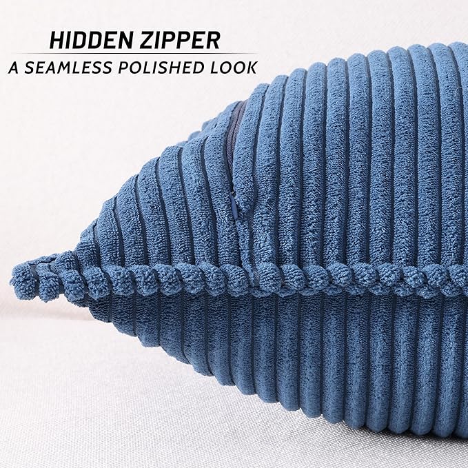 Mecatny Corduroy Throw Pillow Covers 16x16 Set of 2, Neutral Decorative Soft Boho Couch Pillow Covers with Broadside for Sofa Living Room, Navy