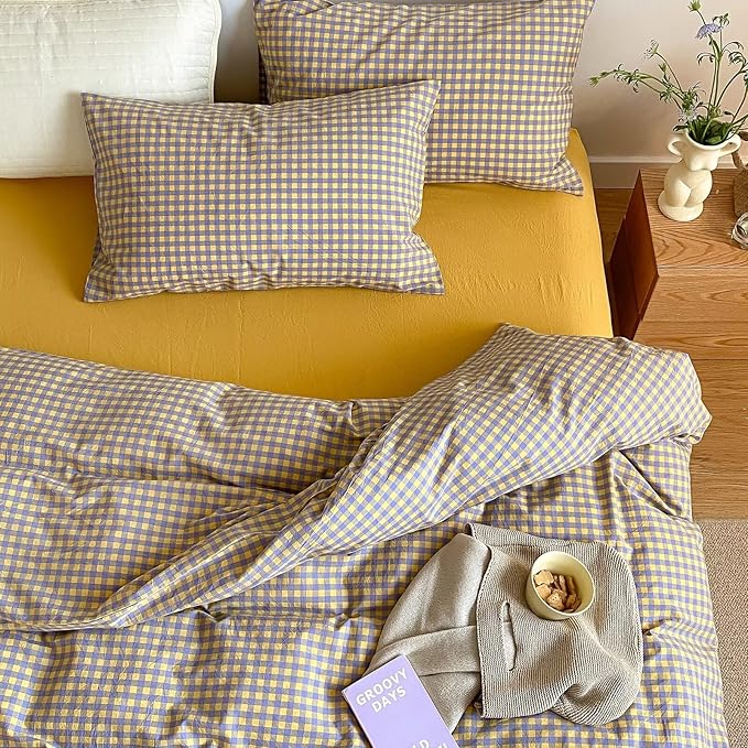 mixinni Yellow/Purple Gingham Comforter Set Queen, Plaid Comforter Set 3 Pieces 1 Vintage Grid Comfoter with 2 Pillow Cases for All Seasons, Soft Fluffy Modern Grid Pattern Printed Bedding-Queen Size