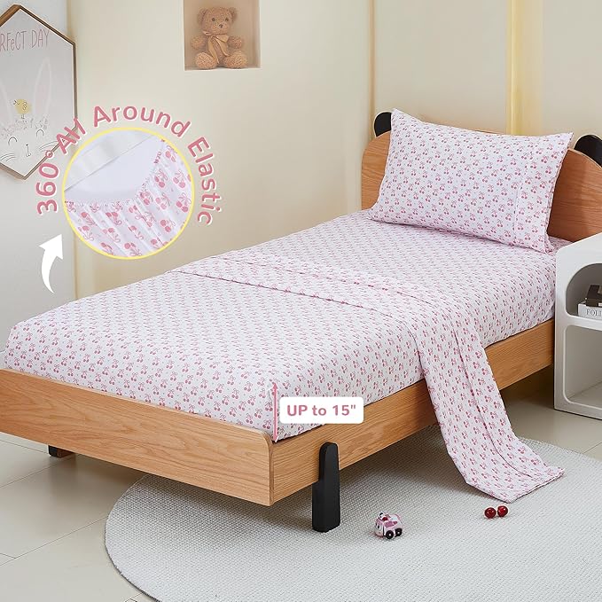 Viviland 4 Pieces Girls Pink Full Sheet Set - Soft Microfiber Fitted Flat Sheets & Pillowcase - Pink Cherry Bow Print Bedding Sets - for Kids & Toddlers