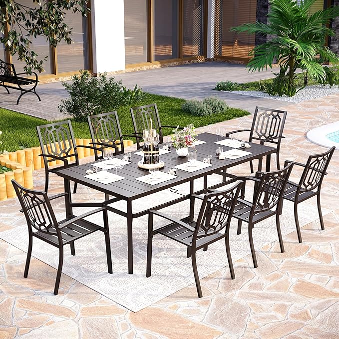PHI VILLA 9 Pieces Outdoor Dining Set for 8, Rectangular Metal Steel Table with Umbrella Hole & Stackable Wrought Iron Chairs, Large Dining Furniture for Patio, Deck, Yard, Porch