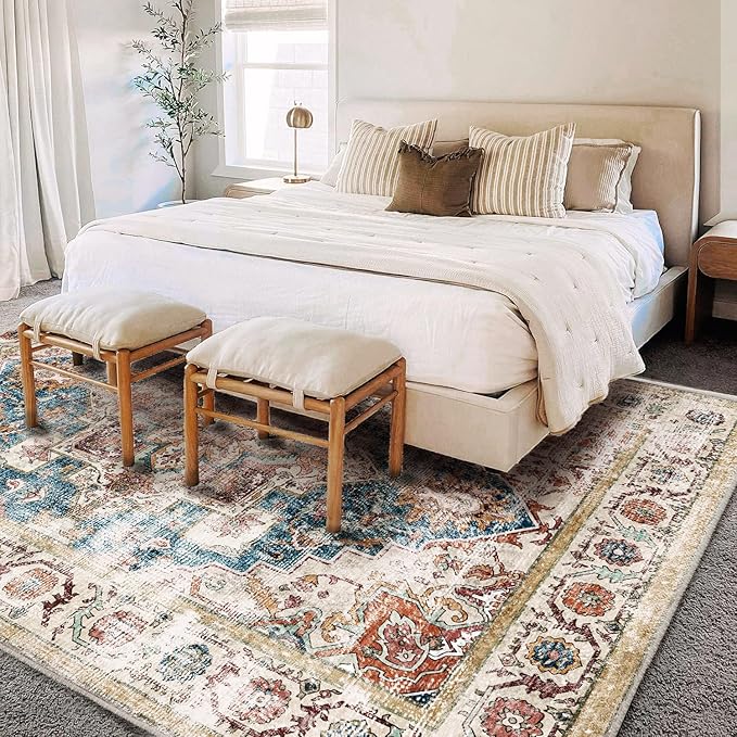 Washable Area Rug 9'x12' Beige Blue Boho Chic Medallion Distressed Design Non-Shedding Easy Care Ideal for High Traffic Areas in Living Room Bedroom Office Coffee Table Large Carpet