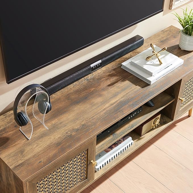 Mid Century Modern TV Stand with Metal Mesh Doors and Open Shelf for Tvs up to 65" Boho Media Console Entertainment Center with Cable Holes for Living Room Rustic Oak 59.06"x15.55"x20.87"