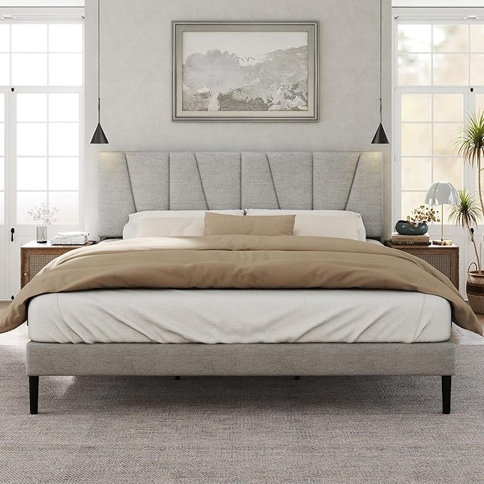Queen Size Bed Frame with Fabric Upholstered Headboard, Platform Bed with Wooden Slats Support, Fully Mattress Foundation, Box Spring Optional, Easy Assembly