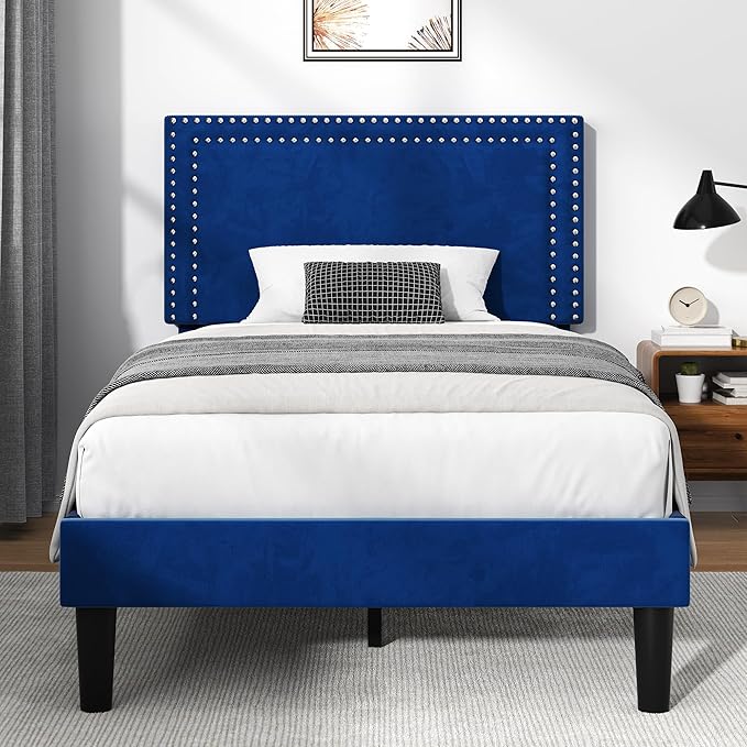 VECELO Twin Size Platform Bed Frame with Adjustable Upholstered Headboard, Strong Wood Slat Support, No Box Spring Needed, Easy Assembly