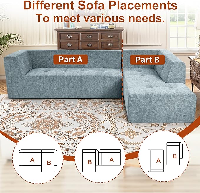 112.2" Sectional Couch, Oversized L Shaped Cloud Couch, Modular Sofa, Sectional Couches for Living Room and Office, Gray Blue