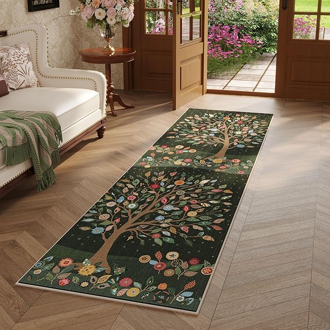 Runner Rug for Kitchen Rug Non Slip 2'x6' Washable Rugs Floral Tree with Rubber Backing Bohemian Soft Carpet Runner for Kitchen, Laundry, Bedroom, Bathroom, Green