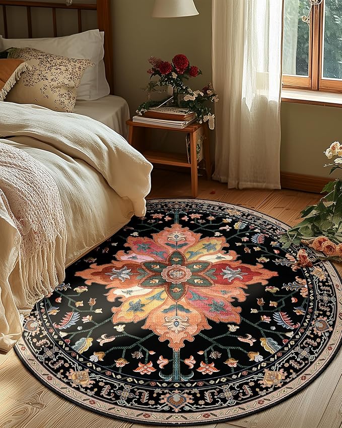 Area Rugs 8ft Washable Non-Slip, Floral Vintage Distress Print Pattern Medallion Carpet for Living Room Bedroom Dining Room, Black Colorful Floral Dark Tan