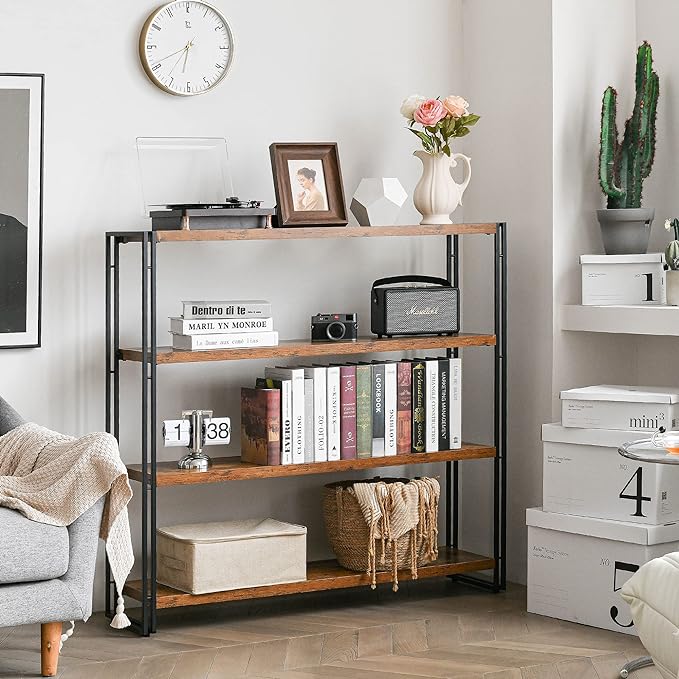 HCHQHS Bookshelf,4-Tier Industrial Bookcase,Rustic Wood and Metal Open Display Book Shelves Home Office,Bedroom Standing Shelf Unit,Horizontal Kitchen Shelf Organizer,Bathroom Storage Rack 47in