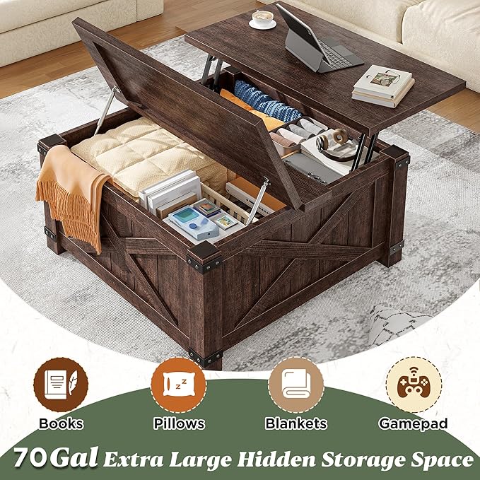 EnHomee Lift Top Coffee Table with Storage, 36" Farmhouse Coffee Tables for Living Room, Square Coffee Table with Large Hidden Space, for Living Room, Bedroom, Home Office, Classic Brown