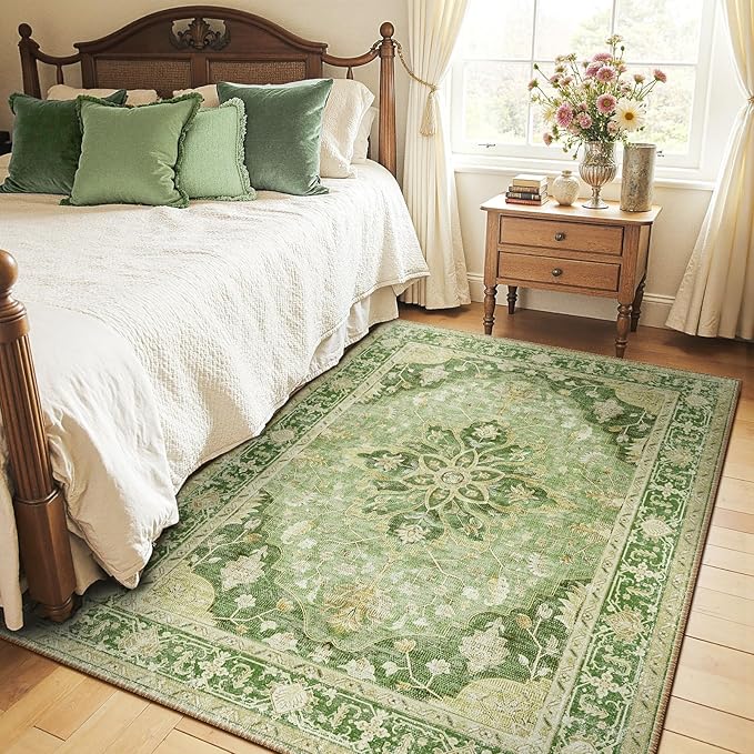 Area Rugs 5'x7' Washable Non-Slip, Floral Vintage Distress Print Pattern Medallion Carpet for Living Room Bedroom Dining Room, Sage Green Yellow
