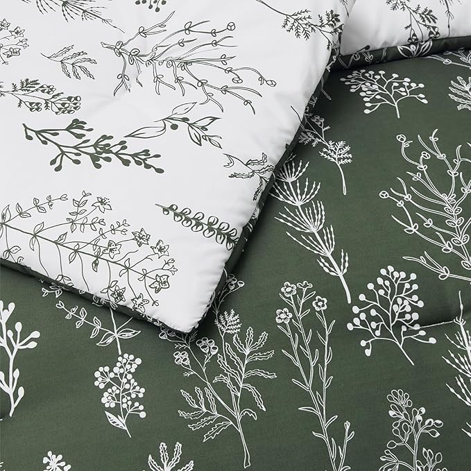 Bedsure Twin/Twin XL Comforter Set - Dark Olive Green Bed Set, 2 Pieces Cute Floral Bedding, 1 Soft Reversible Botanical Flowers Comforter and 1 Pillow Sham
