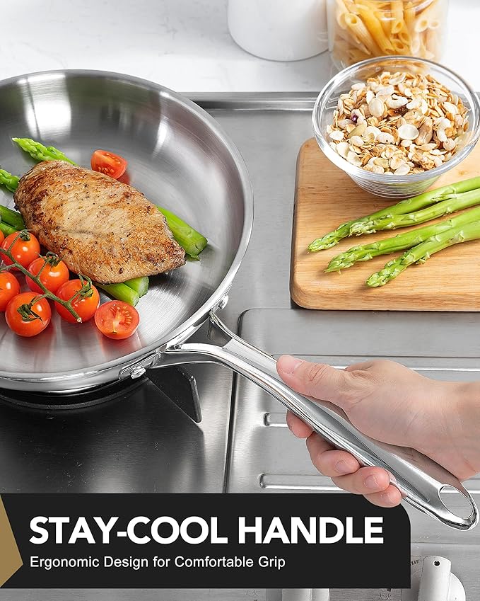 MICHELANGELO Stainless Steel 8 inch Frying Pan, Small Skillet with Triply Base, Stainless Steel Pan with Ergonomic Handle, Induction Compatible