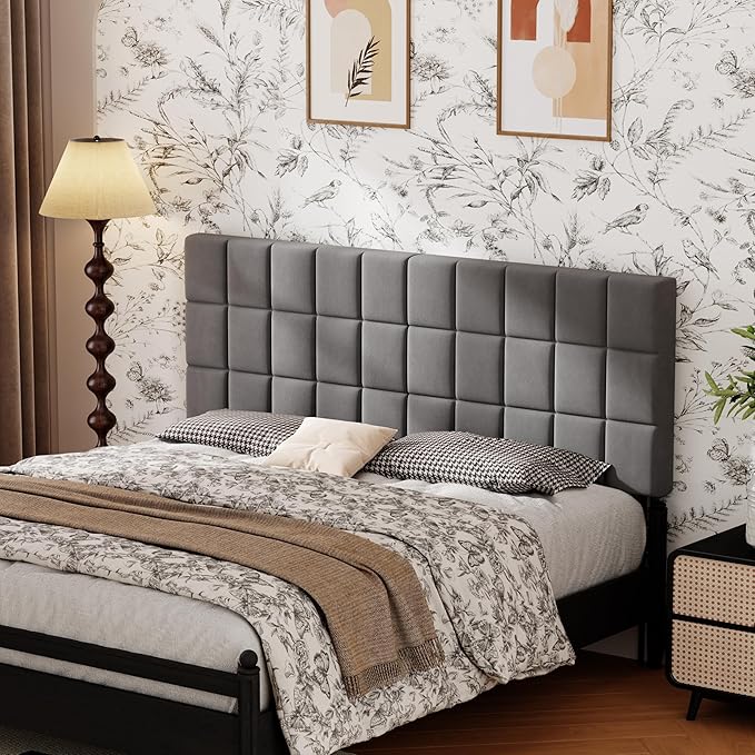 Andeworld Velvet Upholstered Tufted King Size Headboard,Wood Head Board with Metal Legs, Adjustable Height from 42” to 56”, Bed Headboard in Modern Design,Backboard for Bed, Dark Gray