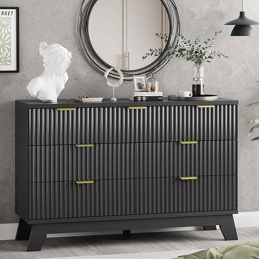 Fluted Dresser for Bedroom with 7 Drawers, 48" Wide Chest of Drawers with Metal Handle, Modern Wood Dresser TV Stand, Wooden Closet Clothes Storage Organizer for Living Room, Hallway, Black