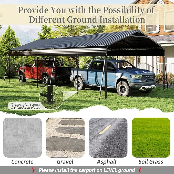 13x26.5 FT Metal Carport, Heavy Duty Car Port Canopy with Galvanized Steel Roof & Frame, Oversized Metal Carport Kit with Hooks, Outdoor 2 Car Garage, Steel Car Shelter for Car, Boat, Truck, Dark Gray