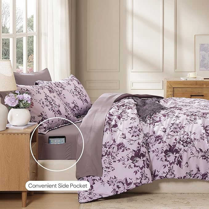 Queen Comforter Set -7 Pieces Deep Purple Floral Comforter Set for All Seasons, Bed in a Bag Queen with Botanical Flowers Comforter, Sheets, Pillowcases & Shams