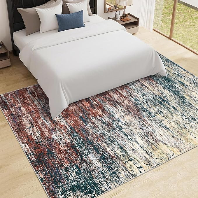 Washable Rug 5x7 Abstract Area Rug for Living Room, Non Slip Foldable Soft Rugs for Bedroom, Stain Resistant Rugs Modern Fuzzy Rug, Indoor Floor Carpet for Entryway Home, Red Multi