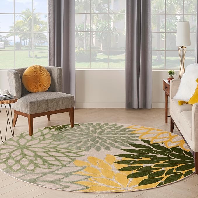 Nourison Home Aloha Indoor/Outdoor Green Multicolor 7'10" x Round Area Rug, Easy-Cleaning, Non Shedding, Bed Room, Living Room, Dining Room, Backyard, Patio, Deck (8 Round)