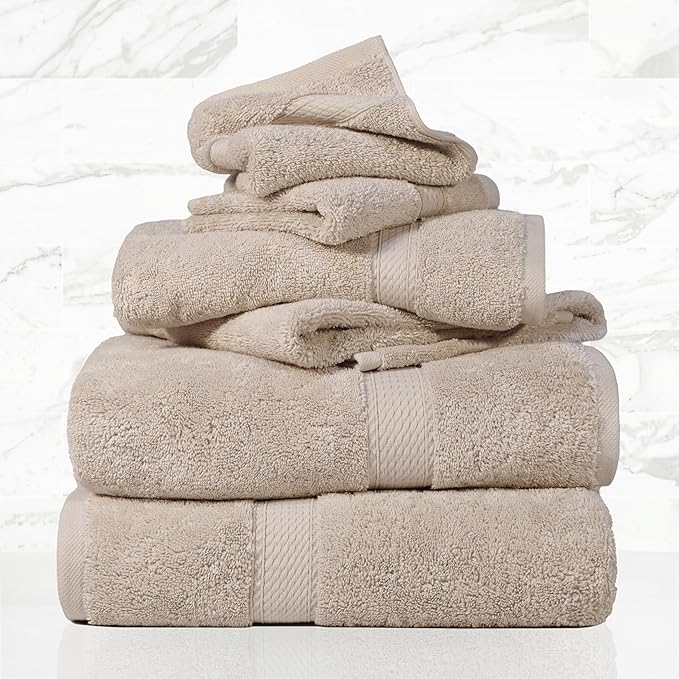 Superior Egyptian Cotton Pile 6 Piece Towel Set, Includes 2 Bath, 2 Hand, 2 Face Towels/Washcloths, Ultra Soft Luxury Towels, Thick Plush Essentials, Guest Bath, Spa, Hotel Bathroom, Stone