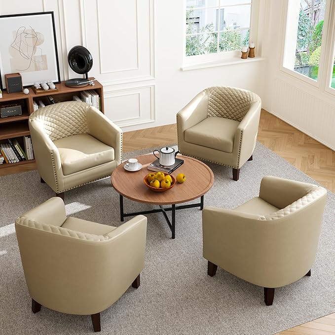 Accent Barrel Chair, Upholstered Faux Leather Club Chair with Nailed Trim, Comfy Reading Armchair for Living Room Bedroom Reception Room Office (Beige, Set of 2)