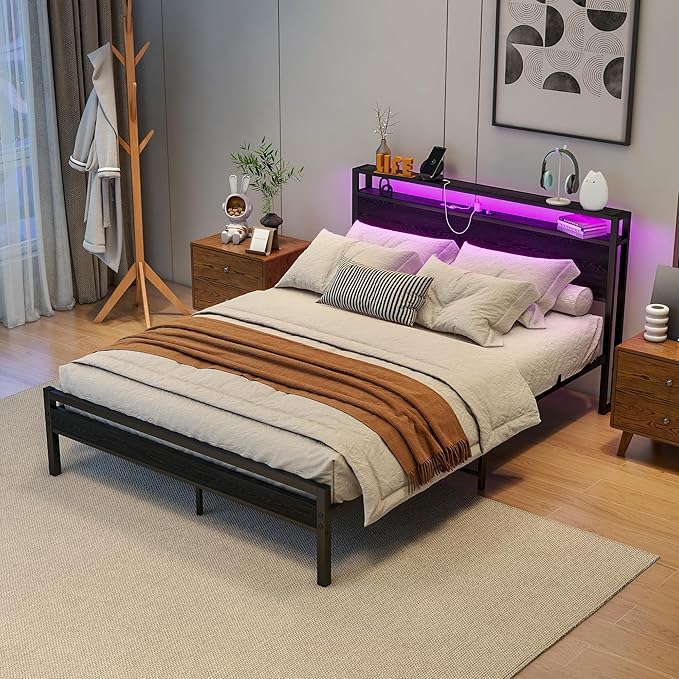 Queen Bed Frame With Storage Headboard/LED Lights, Metal Platform With Charging Station, No Box Spring Needed, Heavy Duty Slats, No Noise, Black