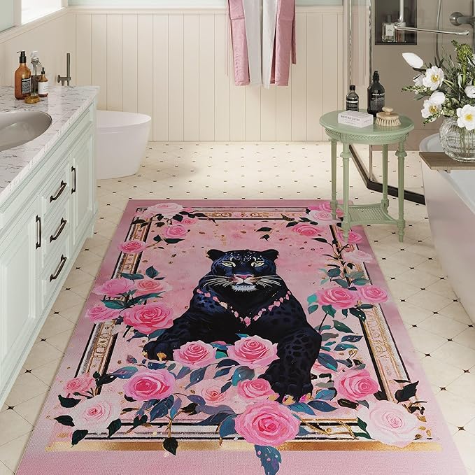Area Rug 4x6 Rug Washable Retro Lavish Leopard Rugs Non Slip Low Pile Floral Animal Small Carpet for Bedroom, Bedside, Kids Room, Office, Dining Room (Black Pink)