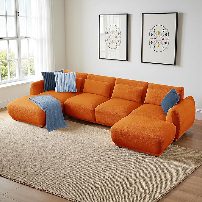 Sectional Sofa Couch, Modern Convertible U Shaped Sectional Couch with Ottoman, Modular Sectional Sofa Cloud Couches for Living Room (Orange, 4 Set + 2 Ottoman)