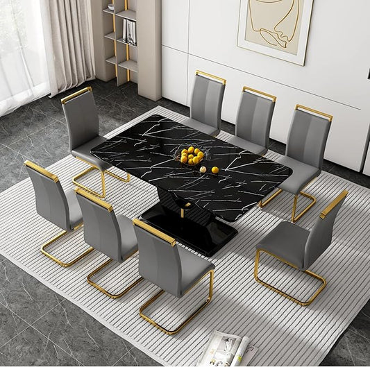 Dining Table Set for 8, Kitchen Table Chairs Set of 8, Modern Dining Room Set with 71 inch Marble Dinner Table PU Leather Upholstered Chairs for Dining Room Kitchen