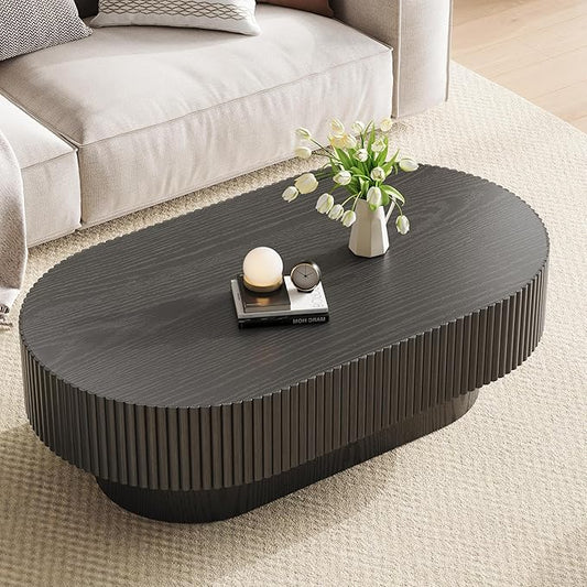 43.7” Oval Coffee Table, Modern Wood Fluted Coffee Table for Living Room, Veneer Handcrafted Relief Center Table with Sturdy Pedestal，Easy Assembly - Black