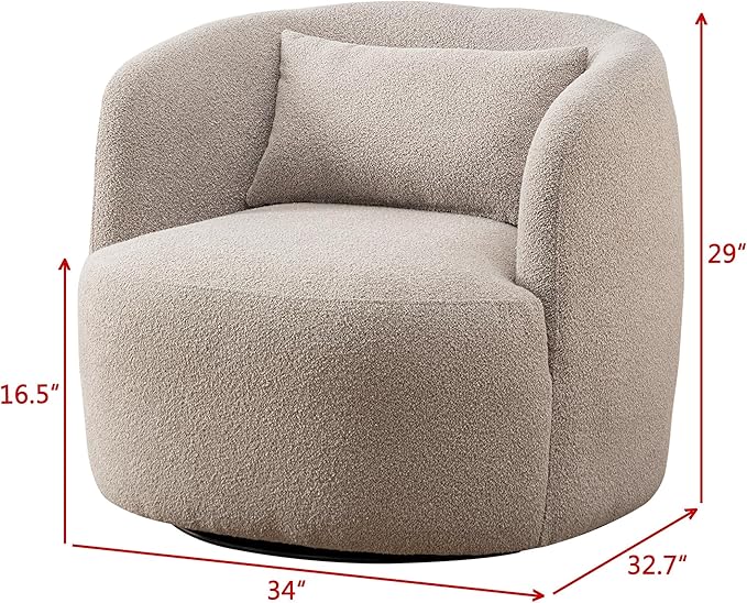 KINWELL 34" Wide Boucle Swivel Barrel Chair, No Assembly Round Upholstered Armchair Accent Chair Single Sofa Chair with Toss Pillow for Living Room and Bedroom, Taupe