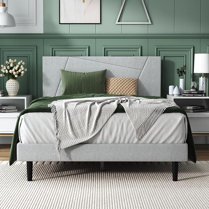 Full Size Bed Frame, Full Platform Bed Frame with Fabric Upholstered Headboard, Geometric Pattern, Sturdy Frame and Slats, No Noise Free, No Springs Required, Easy to Assemble，Light Gray
